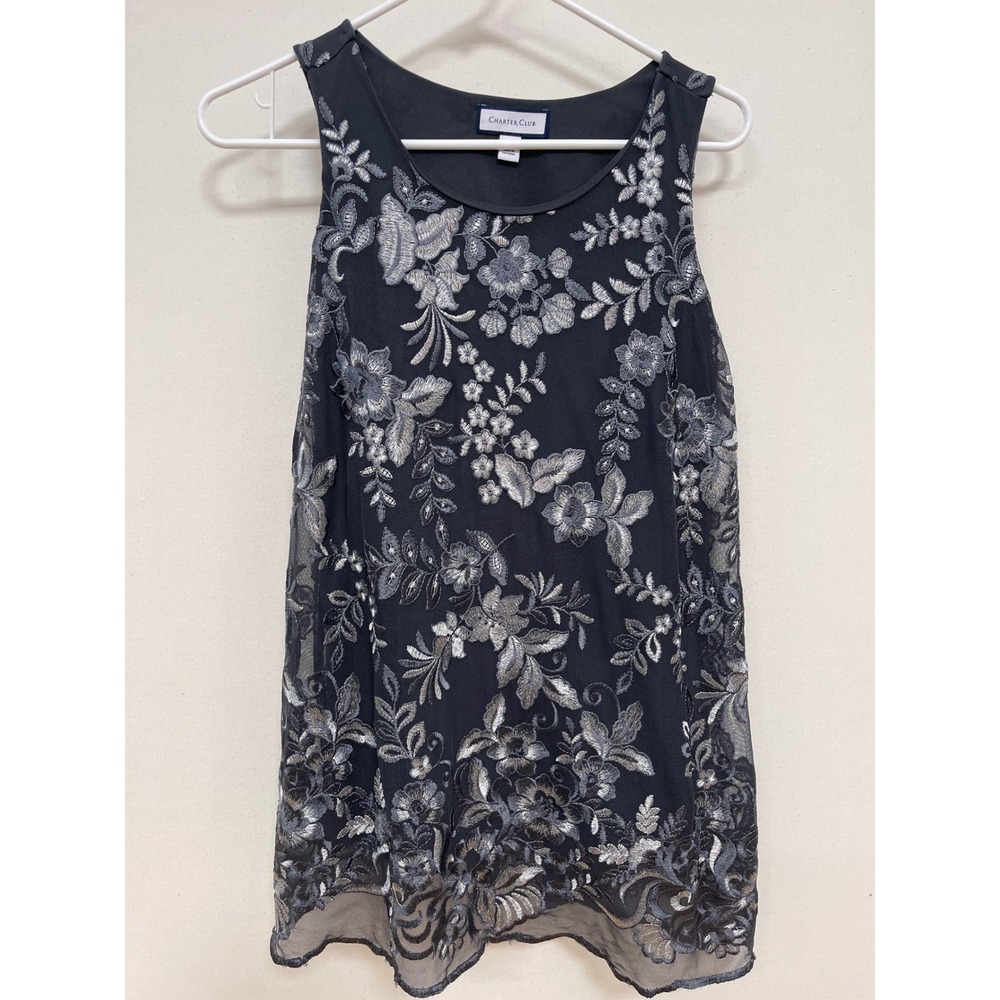 Charter Club Womens Medium Grey Floral Embroidered Mesh Sleeveless Shell Top